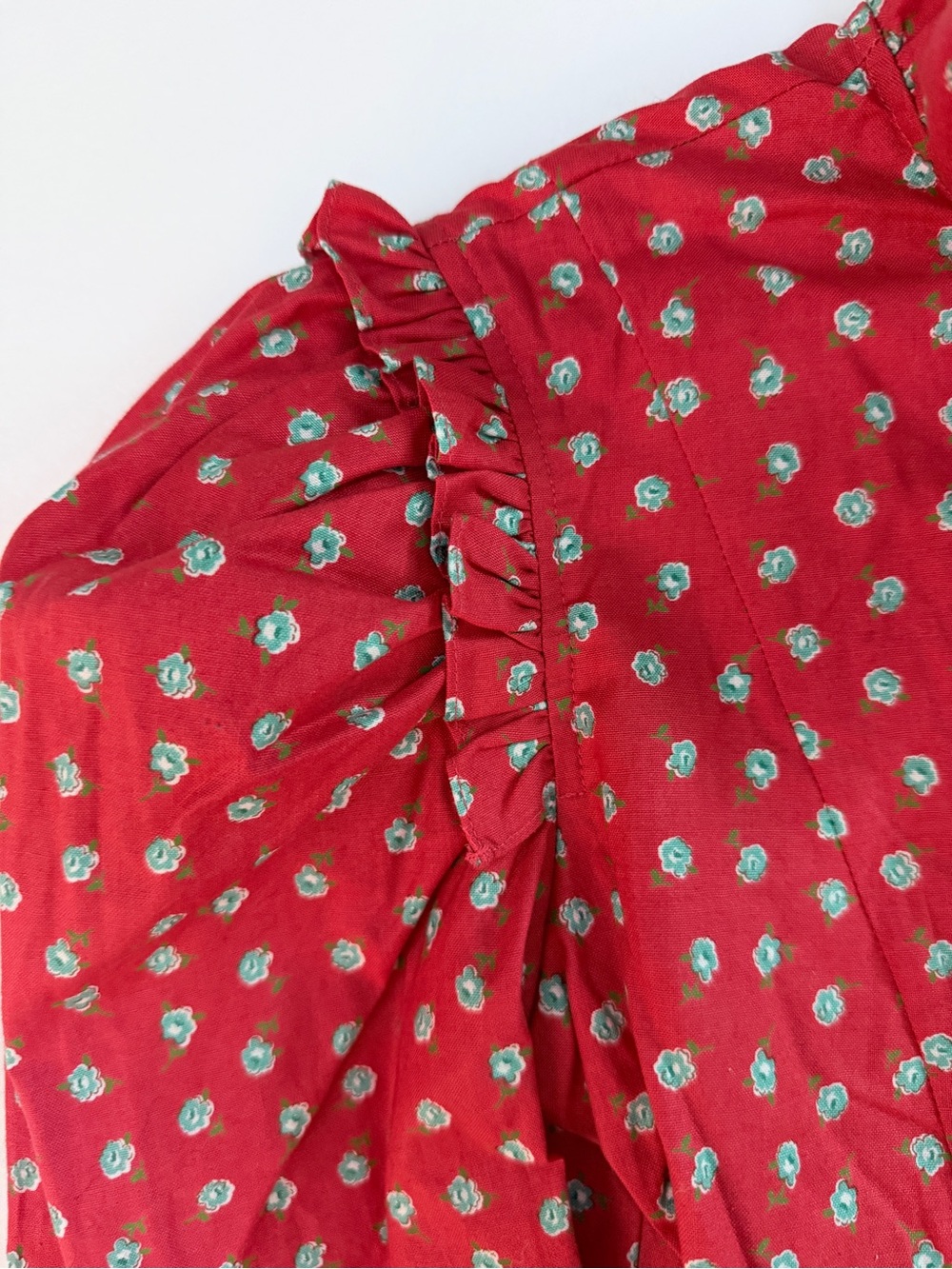 Batsheva Raspberry Floral Ruffle-Neck Blouse with Mint Accents
